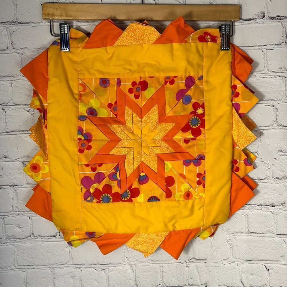 Handmade Orange Yellow Purple Quilted Throw Pillow Cover 13” x 13”